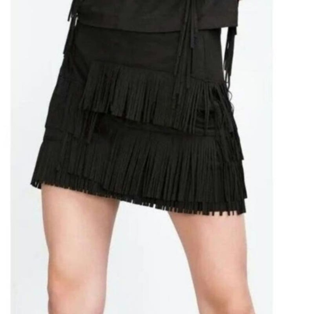 Zara Black Tiered Fringe Mini Skirt - Picture 2 of 12